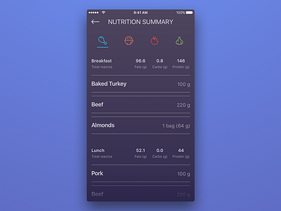 Week #3 (19) — NutritionSummary calorie tracker dark theme ios iphone app list view minimalistic simple