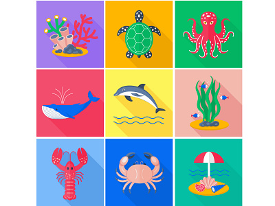 A set of flat vector icons. Sea life. adobe illustrator flat illustration flat vector icons icon set vector illustration