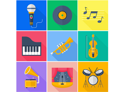 A set of flat vector icons. Music.