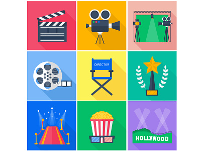 A set of flat vector icons. Film.