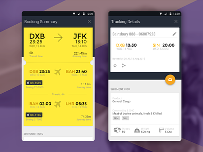 Cargo Booking card cargo flight material design mobile ticket user interface