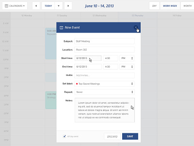 Calendar application ui application calendar form modal window ui ui design web app