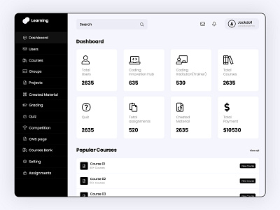 Learning Management System - B/W Admin Dashboard