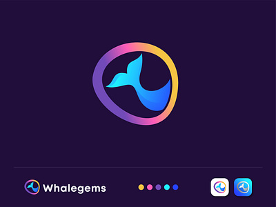 Whalegems Logo Mark 2021 trend abstract logo apps icon brand identity colorful creative logo fish gems gradient logo illustrator modern logo pebble pictorial mark shark simple and clean stone symbol icon tail whale
