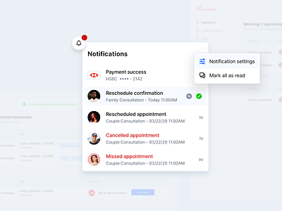 💬Consultation management addiction affordance appointment approval clean consultation dashboad design hover mark as read missed consultations notifications online consultation payment success real project reschedule saas sidebar signifier