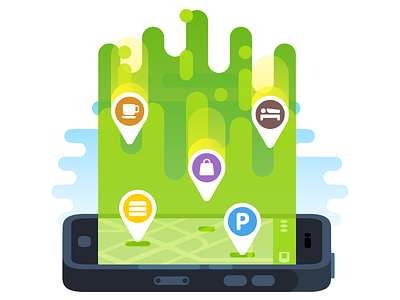 MAPS.ME Auto Update Illustration cafe hotel icon illustration map parking poi shopping smartphone vector