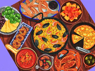 Spanish fiesta art colourful digital illustration drawing female illustrator food illustrator ipad omelette paella procreate sketch spain spanish food table