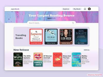 OpenBook Reading Source adobe xd app design minimal minimalist pastel purple read simple ui ui design uiux ux web webdesign website