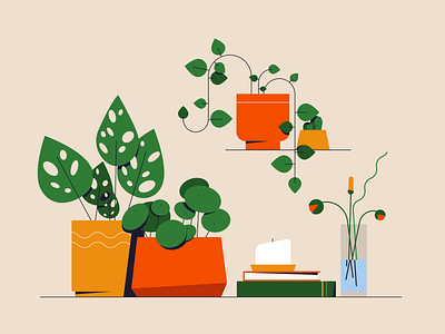 Plants in the interior books cactus candle flowers illustraion monstera peperomia philodendron plants pots vase vector