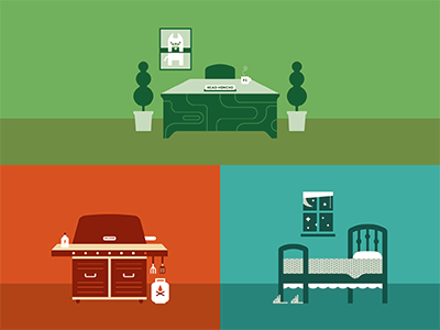 Desk, Grill, Bed illustration