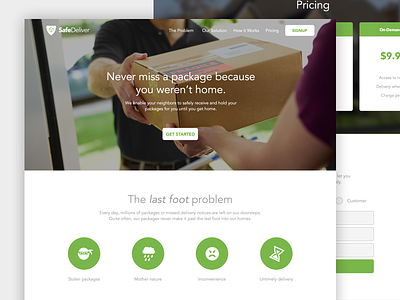 SafeDeliver Landing Page crowdsource delivery design green landing page logistics marketing package startup web website white