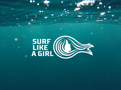 Surf like a girl brand face hair lady logo surfing water sport woman