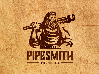 PipeSmithNyc adjustable wrench bearded man emblem engraving logo mark negative space nyc pipe smith plumber worker