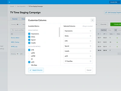 Customize Columns Modal app blue columns design drag drop forms header modal table ui web