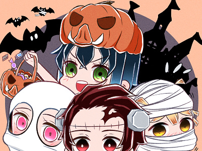 Halloween 2020 anime chibi cute cute illustration demon slayer fan art halloween illustration illustration art inosuke kimetsu no yaiba kny manga nezuko tanjiro zenitsu