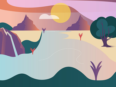 Balance illustration illustrator landscape mountains nature sea shapes sunset vector waterfall