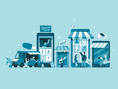 Small business illustration aleksandrov alexandrov alexandrovi beauty shop business city coffee community connection customer develop employer huliganio ice cream illustration market paypal shop small business vector