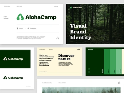 AlohaCamp - Brand Identity adventure aleksandrov alexandrov aloha alohacamp brand branding camp camping forest huliganio identity logo logotype nature spruce tent unikorns unikorns agency wild