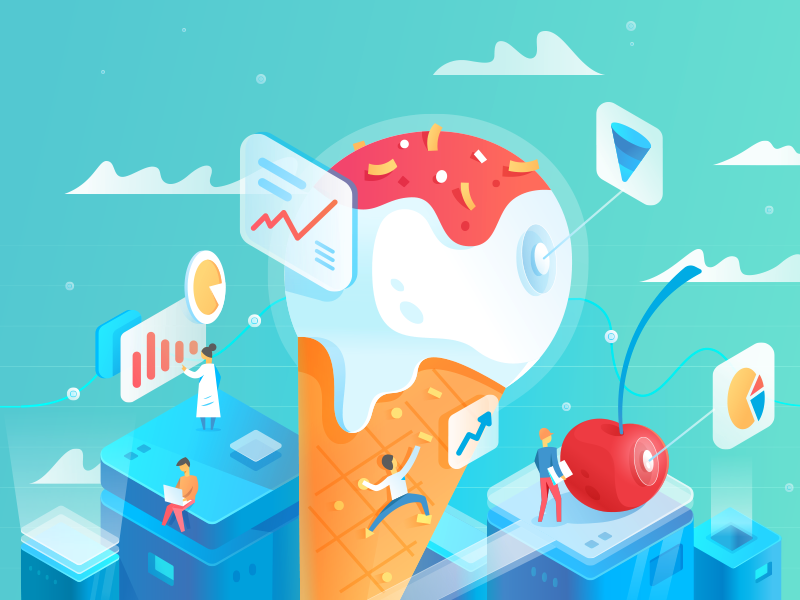 Marketing world vector isometric illustration statistic diagram cherry ice cream world advertising marketing fireart studio fireart