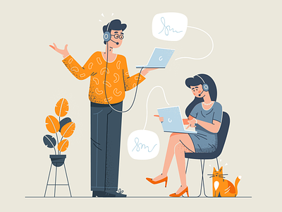 Call Center Support alexandrov alexandrovi assistant bubble business call call center cat chat conversation customer fireart studio help huliganio illustration office phone plant service support