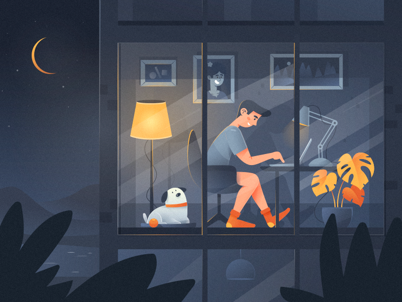 Night freelancer service busines calm man boy moon silence interior alexandrov dog night room work remote freelance illustrator illustratiom illustraor freelance fireart studio fireart
