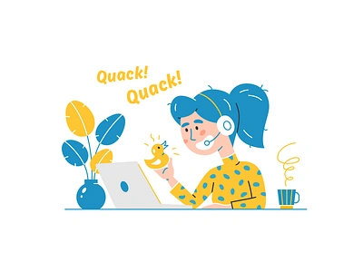 Quack! Quack! alexandrov alexandrovi call center customer duck fireart fireart studio girl illustration illustrator laptop mobile operator phone quack service tea vector work yellow duck