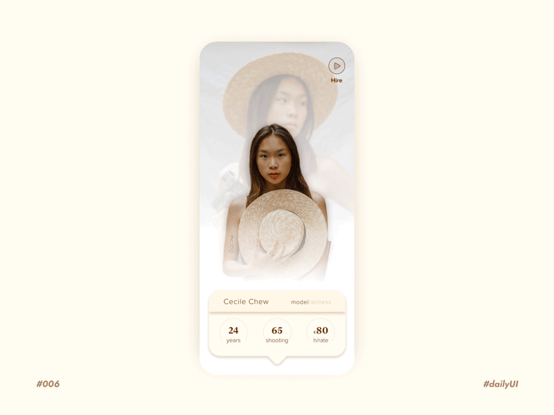 Profile page - Daily UI n°006 actress app app design cream daily ui dailyui dailyuichallenge elegant figma model profile profile card profile design profile page prototype