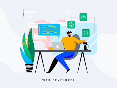 Web Developer Illustration cat code constructivism style development flat freelancer illustration memphis style web developer