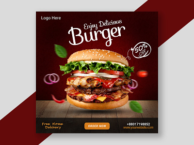 Social Media Burger Banner. banner black burger creative delicious discount enjoy facebook free delivery hot instagram inter net logo meroon online order now poster simple socialmedia tasty