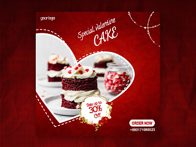 Special Valentine cake social media poster. banner cake creative delicious discount facebook instagram internet love mini cake modern online order now poster red social media tasty valentine
