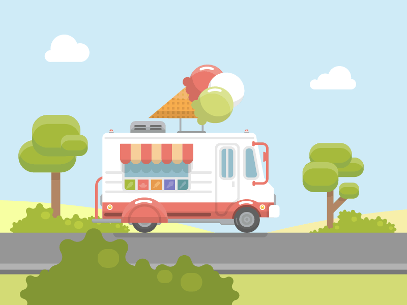 Ice Cream Truck cheerful flat funny ice cream illustrator podchakha road sweet travel trees truck vintage