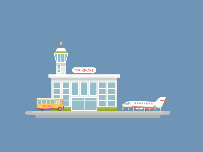 Airport hurry-scurry airplane airport buildings bus connection earth flat illustrator lamps podchakha tree windows