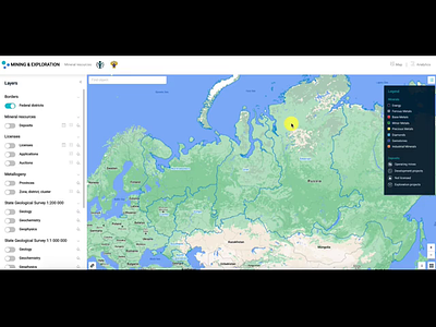 Mining and Exploration Web GIS application analytic attributes cartography dashboard data dataviz filters geological gis interactive interactive map layers maps mining openlayers react redux ux web webdesign