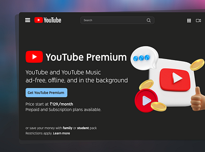 YouTube Premium Page Redesign 3d 3d illustration landing page redesign ui ui design youtube youtube redesign