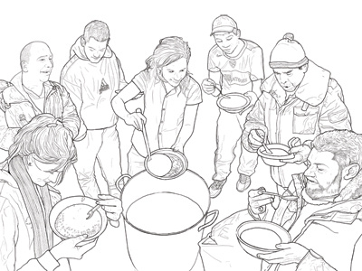 Behind the Headlines cuts editorial homelessness illustration soup kitchen street