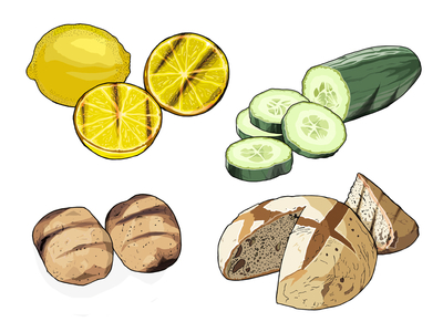 Charred Fruit, Vegetables and Bread bread cucumber food illustration lemon posh bbq potatoes stylist