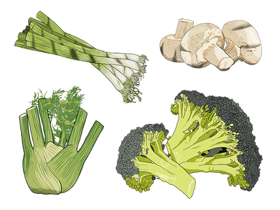 Charred Vegetables broccoli fennel food illustration mushrooms posh bbq spring onions stylist