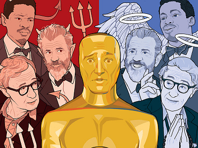 The Hollywood Reporter: Controversial Oscars angels celebrity devils illustration mel gibson nate parker nominations oscars woody allen