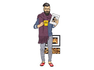 GQ: How to spot the Hygge Junkie beard cosy gq hipster hygge illustration kinfolk log fire mug scarf