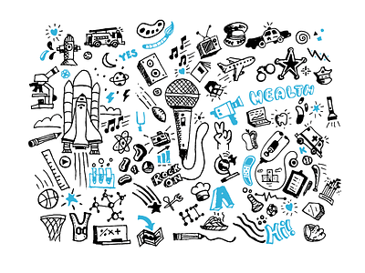 Doodles collage doodles freehand hand drawn health icons lettering music science sports