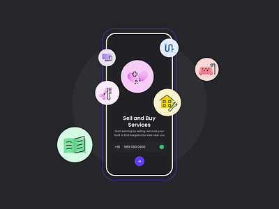 Buy Sell & Services App brand identity buy cards ui clean design dark delhi design illustration india lofin minimal olx sell selling services typography uipapa