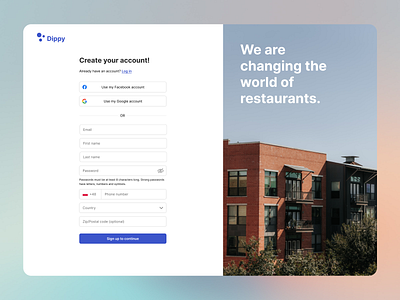 Registration/Sign up page - Dippy