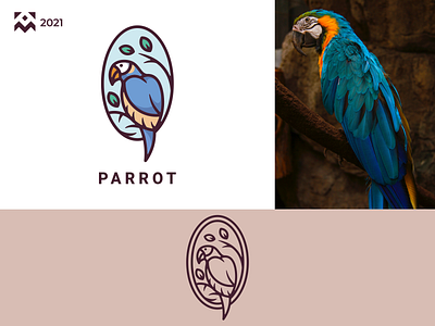 Parrot Logo bird branding carton cartoon character design emblem icon illustration leaf lineart logo nature parrot symbol tree vector wings