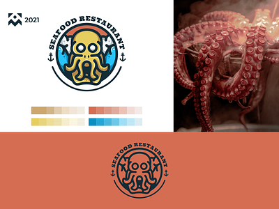 Seafood Restaurant Logo branding delicious design emblem food icon illustration lineart logo octopus restaurant seafood symbol tasty vector