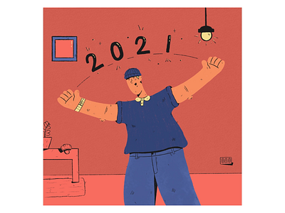 Welcome 2021! 2020 2021 2d character clothes design end of year flat fun hand happy home illustration jeans light man people procreate shape texture