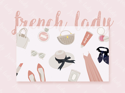 french lady bags dress hat lady lipstick make up mirror perfume pink