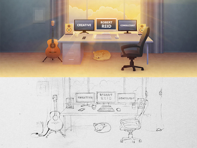 illustration for website header chair cloud desk dog illustration monitor office process sketch speakers studio