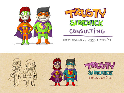 Trusty Sidekick cartoon character cute logo mask process sketch super hero trusty sidekick