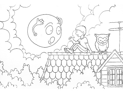 My Only Friend (WIP) antenna boy cartoon clouds cute friend illustration moon owl roof sketch window