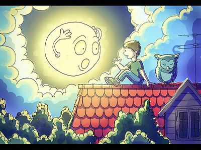 My Only Friend (WIP) boy cartoon clouds cute friend illustration moon night owl roof sketch window